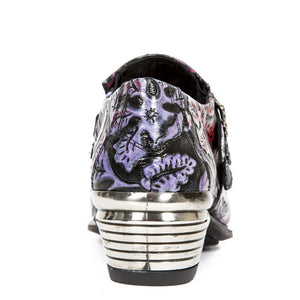 New Rock Chaussures 7960-S6 motif repoussé cuir noir et rouge boucle et talon métallique - New Rock - 5