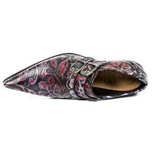 New Rock Chaussures 7960-S6 motif repoussé cuir noir et rouge boucle et talon métallique - New Rock - 7