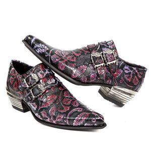 New Rock Chaussures 7960-S6 motif repoussé cuir noir et rouge boucle et talon métallique - New Rock - 8