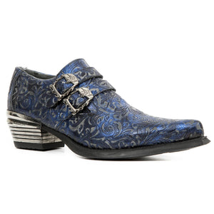 NEW ROCK 7960-S7 Shoe EMBOSSED VINTAGE Blue Leather Buckle Steel Heel Shoes - New Rock - 3