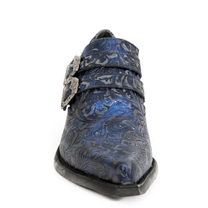 NEW ROCK 7960-S7 Shoe EMBOSSED VINTAGE Blue Leather Buckle Steel Heel Shoes - New Rock - 4