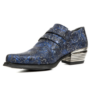 NEW ROCK 7960-S7 Shoe EMBOSSED VINTAGE Blue Leather Buckle Steel Heel Shoes - New Rock - 5