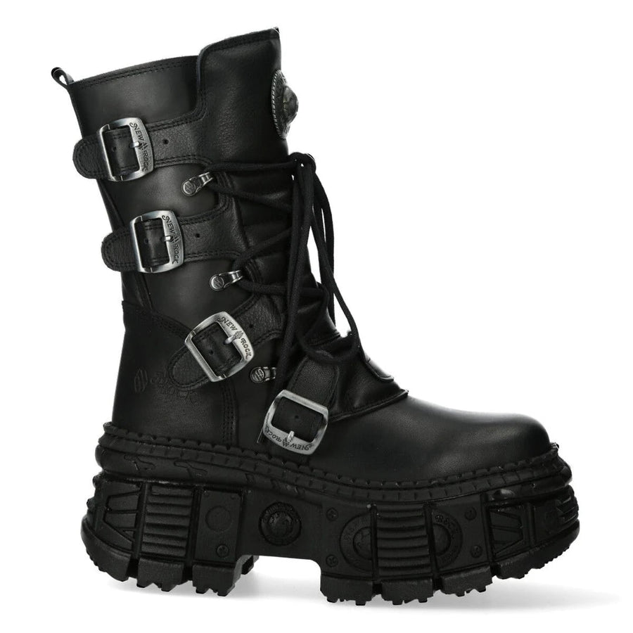 Boots New Rock WALL373-S5 unisexe cuir noir et métal talons compensés style punk gothique EMO - New Rock - 1