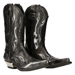 New Rock M-7921-S3 - Czarne kowbojki skórzane ze srebrnym płomieniem - New Rock - 2