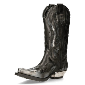 New Rock M-7921-S3 - Czarne kowbojki skórzane ze srebrnym płomieniem - New Rock - 5