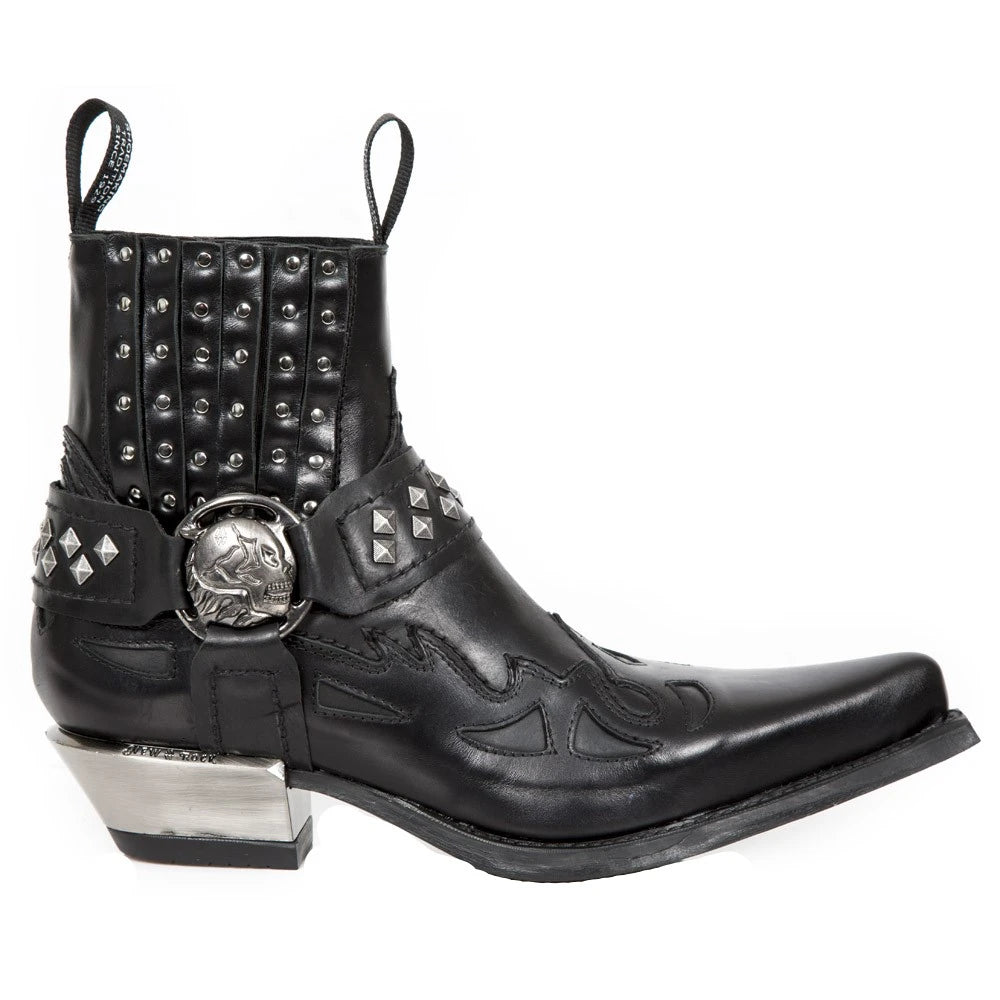 NEW ROCK M.7950-S1 Botine de Gleznă Negre Western Gotice Curea Craniu Nit Metalic - New Rock - 1