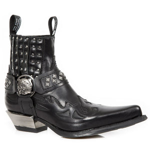 NEW ROCK M.7950-S1 Botine de Gleznă Negre Western Gotice Curea Craniu Nit Metalic - New Rock - 2