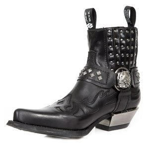 NEW ROCK M.7950-S1 Botine de Gleznă Negre Western Gotice Curea Craniu Nit Metalic - New Rock - 4