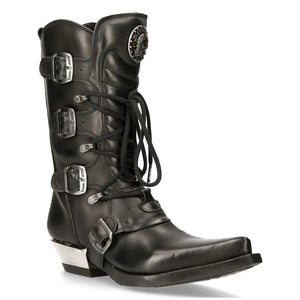 NEW ROCK M-7993-S1 WESTERN COWBOY BOOTS Czarne skórzane buty za kostkę z klamrą ciężkie biker - New Rock - 3