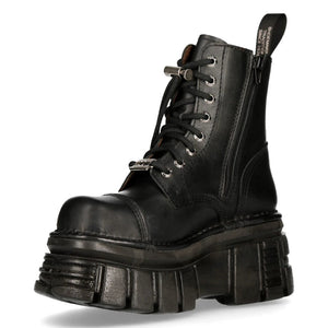 NEW ROCK M-NEWMILI083-S21 TOWER COMBAT BOOTS Black Leather Platform Biker Shoes - New Rock - 5