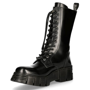 New Rock M-WALL027N-C2 Boots Black Leather Wall Rock Biker Mid-Calf Tower Boots - New Rock - 5