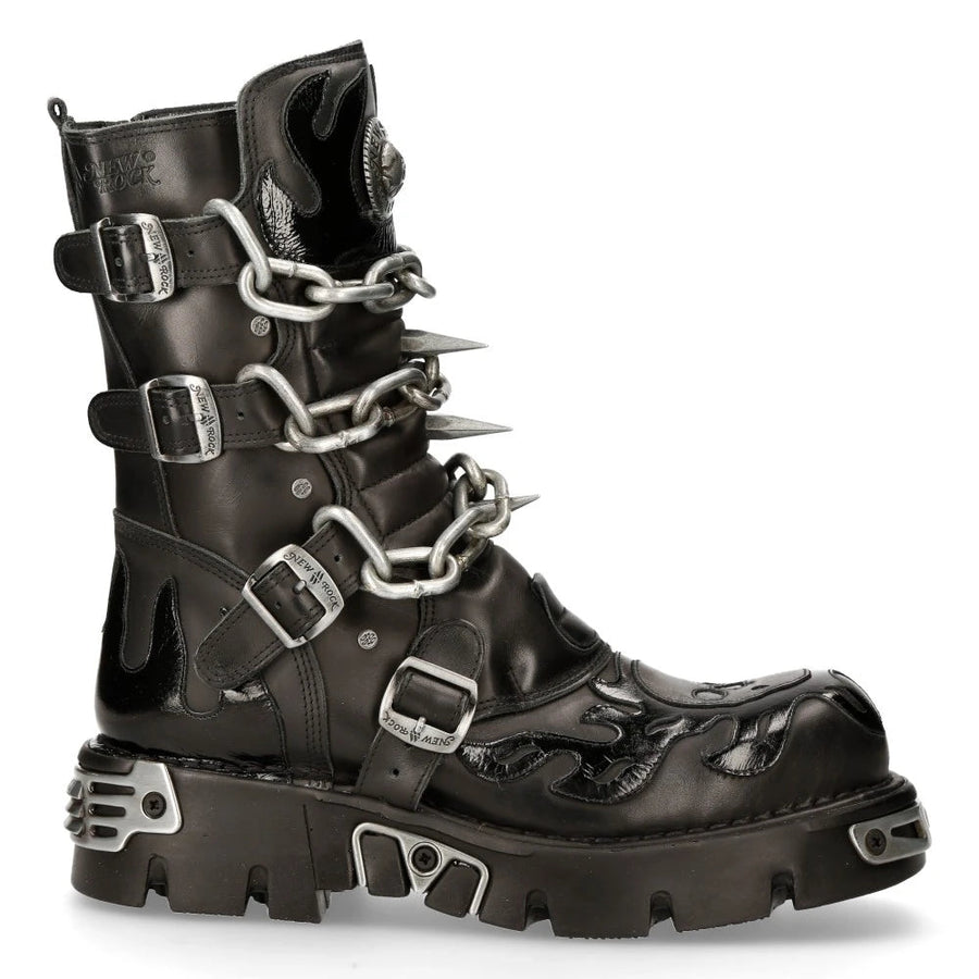 New Rock Mens Black Leather Skull Flame Reactor Boots M.727-S1 - New Rock - 1