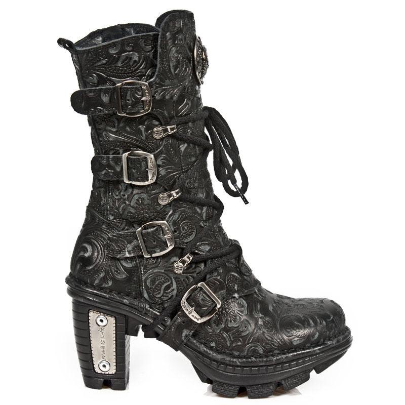 New Rock NEOTR005-S25 Vintage Floral Black Gothic Rock Punk Ladies Leather Boots-TruClothing