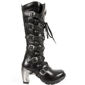 New Rock TR004-S1 Dames Noir 100% Cuir Boucle Dentelle Genou Haute Biker Bottes - New Rock - 2