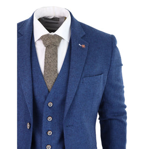 Orson - Men's 3 Piece Wool Suit Blue Tweed 1920s Classic 4 Pocket Waistcoat - House of Cavani - 6