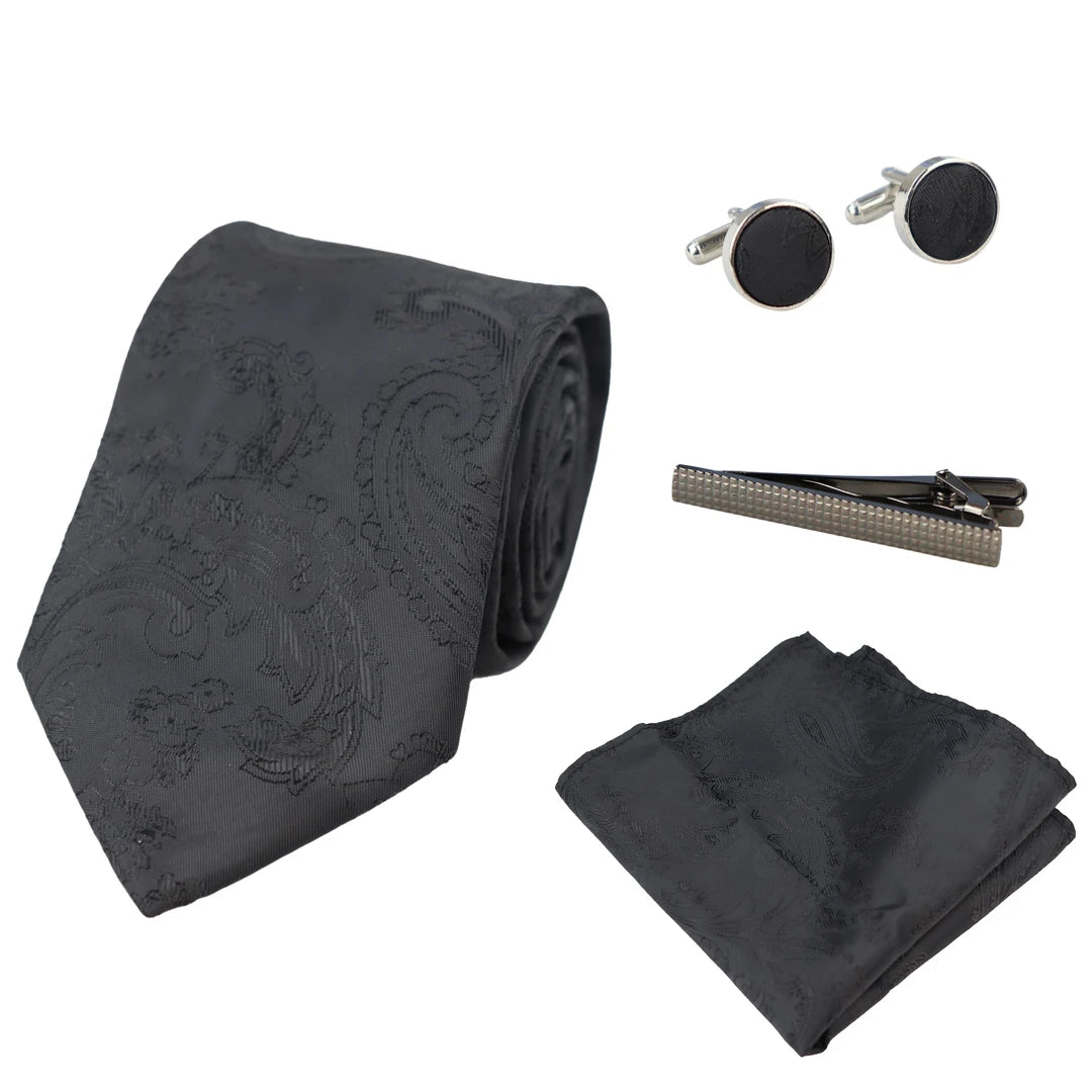 Paisley Neck Tie Gift Set Pocket Square Cuff Links Floral Satin - Black - Paul Andrew - 1