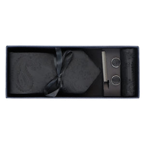 Paisley Neck Tie Gift Set Pocket Square Cuff Links Floral Satin - Black - Paul Andrew - 3