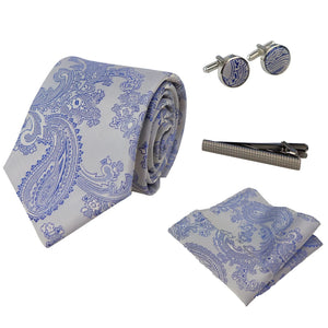 Paisley Neck Tie Gift Set Pocket Square Cuff Links Floral Satin - Blue - Paul Andrew - 7