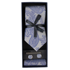 Paisley Neck Tie Gift Set Pocket Square Cuff Links Floral Satin - Blue - Paul Andrew - 9