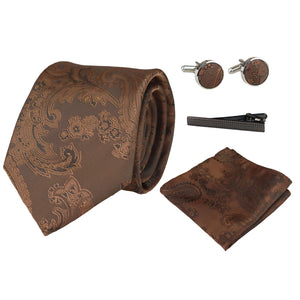 Paisley Neck Tie Gift Set Pocket Square Cuff Links Floral Satin - Brown - Paul Andrew - 13