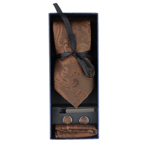 Paisley Neck Tie Gift Set Pocket Square Cuff Links Floral Satin - Brown - Paul Andrew - 14