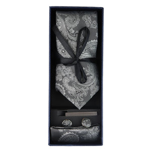 Paisley Neck Tie Gift Set Pocket Square Cuff Links Floral Satin - Grey - Paul Andrew - 17