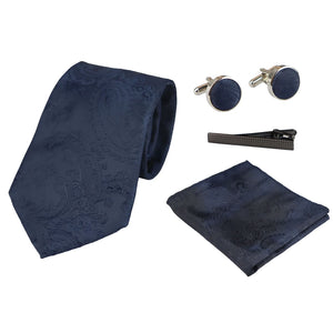 Paisley Neck Tie Gift Set Pocket Square Cuff Links Floral Satin - Navy - Paul Andrew - 19