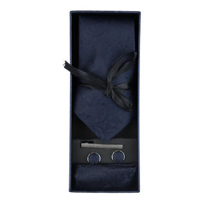 Paisley Neck Tie Gift Set Pocket Square Cuff Links Floral Satin - Navy - Paul Andrew - 20