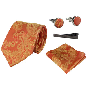 Paisley Neck Tie Gift Set Pocket Square Cuff Links Floral Satin - Orange - Paul Andrew - 22