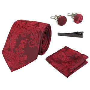Paisley Neck Tie Gift Set Pocket Square Cuff Links Floral Satin - Red - Paul Andrew - 24