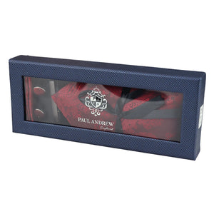 Paisley Neck Tie Gift Set Pocket Square Cuff Links Floral Satin - Red - Paul Andrew - 26