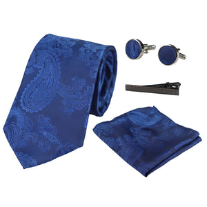 Paisley Neck Tie Gift Set Pocket Square Cuff Links Floral Satin - Royal Blue - Paul Andrew - 4