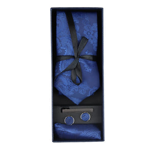 Paisley Neck Tie Gift Set Pocket Square Cuff Links Floral Satin - Royal Blue - Paul Andrew - 5
