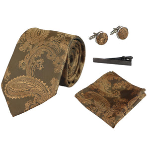 Paisley Neck Tie Gift Set Pocket Square Cuff Links Floral Satin - Tan - Paul Andrew - 10