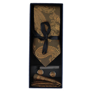 Paisley Neck Tie Gift Set Pocket Square Cuff Links Floral Satin - Tan - Paul Andrew - 11