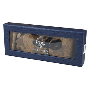 Paisley Neck Tie Gift Set Pocket Square Cuff Links Floral Satin - Tan - Paul Andrew - 12