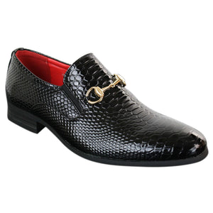 Mocassins homme à enfiler simili cuir PU verni brillant effet serpent crocodile avec boucle dorée - Patron - 2