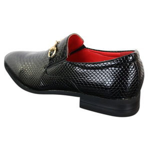 Mocassins homme à enfiler simili cuir PU verni brillant effet serpent crocodile avec boucle dorée - Patron - 4