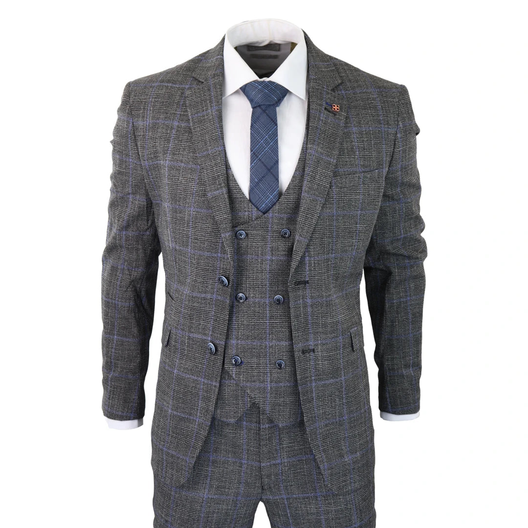 Power - Men's 3 Piece Suit Check Grey Blue Double Breasted Wedding - House of Cavani - 1
