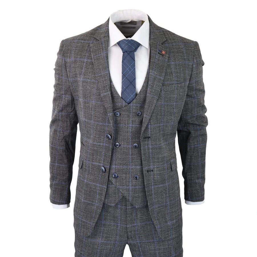 Power - Men's 3 Piece Suit Check Grey Blue Double Breasted Wedding - House of Cavani - 1