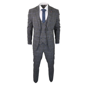 Power - Men's 3 Piece Suit Check Grey Blue Double Breasted Wedding - House of Cavani - 3