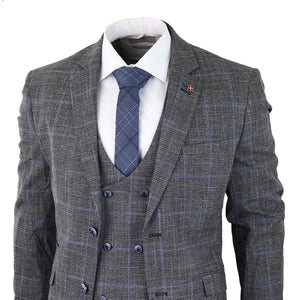 Power - Men's 3 Piece Suit Check Grey Blue Double Breasted Wedding - House of Cavani - 4