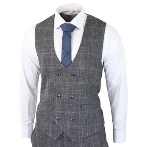 Power - Men's 3 Piece Suit Check Grey Blue Double Breasted Wedding - House of Cavani - 5