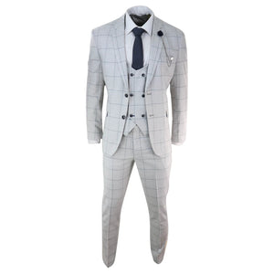 Radika - Men's Light Grey Check 3 Piece Suit Double Breasted Waistcoat - House of Cavani - 3