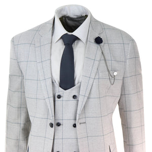 Radika - Men's Light Grey Check 3 Piece Suit Double Breasted Waistcoat - House of Cavani - 4