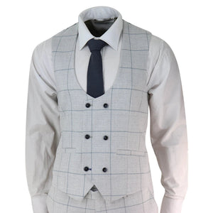 Radika - Men's Light Grey Check 3 Piece Suit Double Breasted Waistcoat - House of Cavani - 5