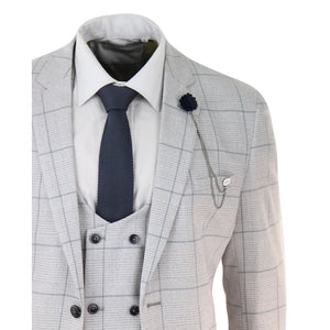 Radika - Men's Light Grey Check 3 Piece Suit Double Breasted Waistcoat - House of Cavani - 6