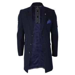 Roman - Men's 3/4 Wool Overcoat Jacket Herringbone Tweed 3 Button Coat - Navy - House of Cavani - 23