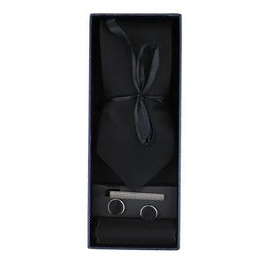 Satin Krawatte Geschenkset Einstecktuch Manschettenknöpfe Krawatte Glänzender - Schwarz - Paul Andrew - 3