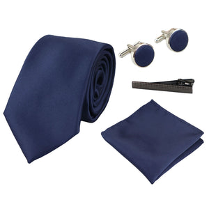 Satin Krawatte Geschenkset Einstecktuch Manschettenknöpfe Krawatte Glänzender - Marineblau - Paul Andrew - 7